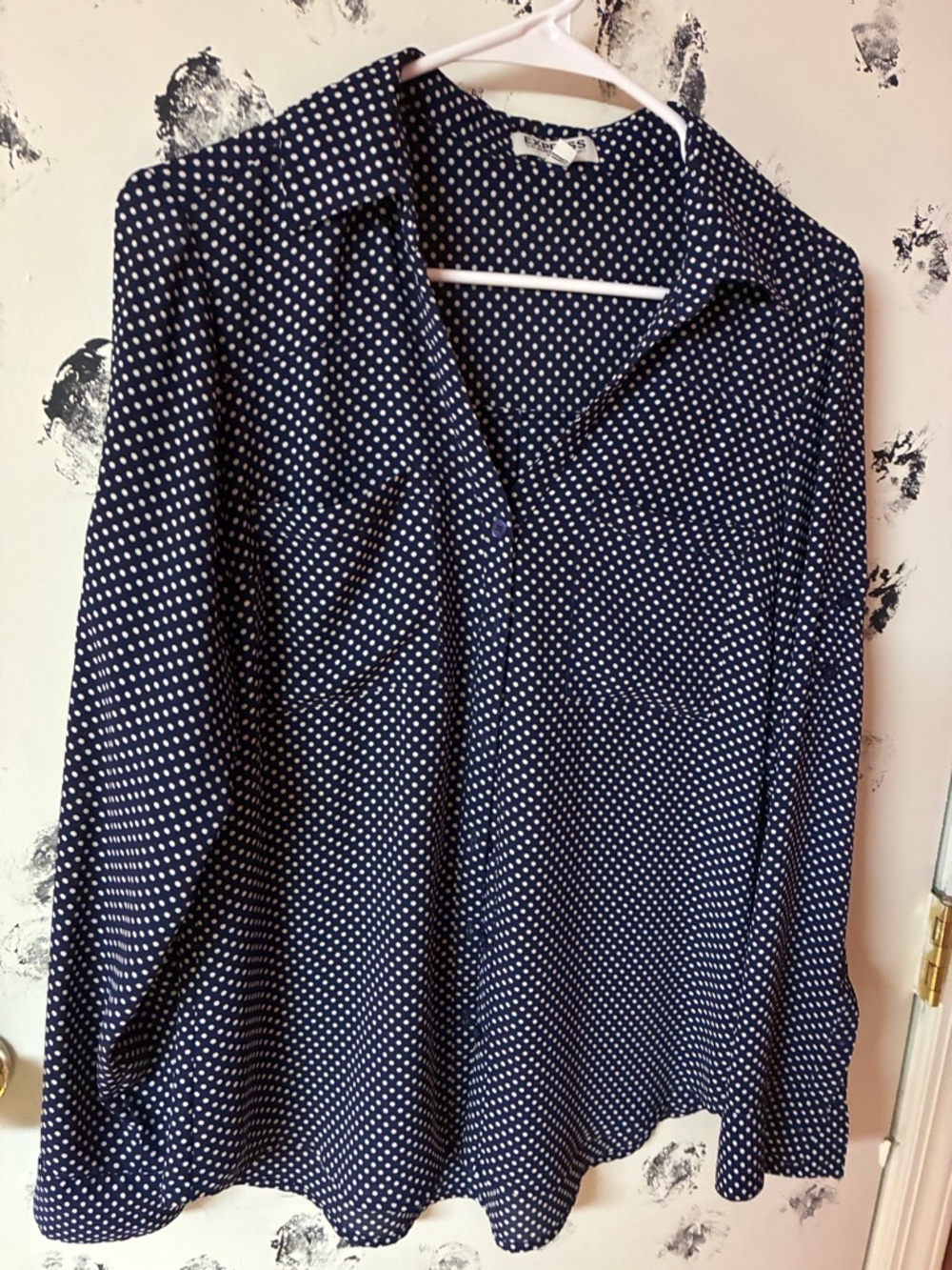 Express Navy and White Polka Dot Button-Down Shirt
